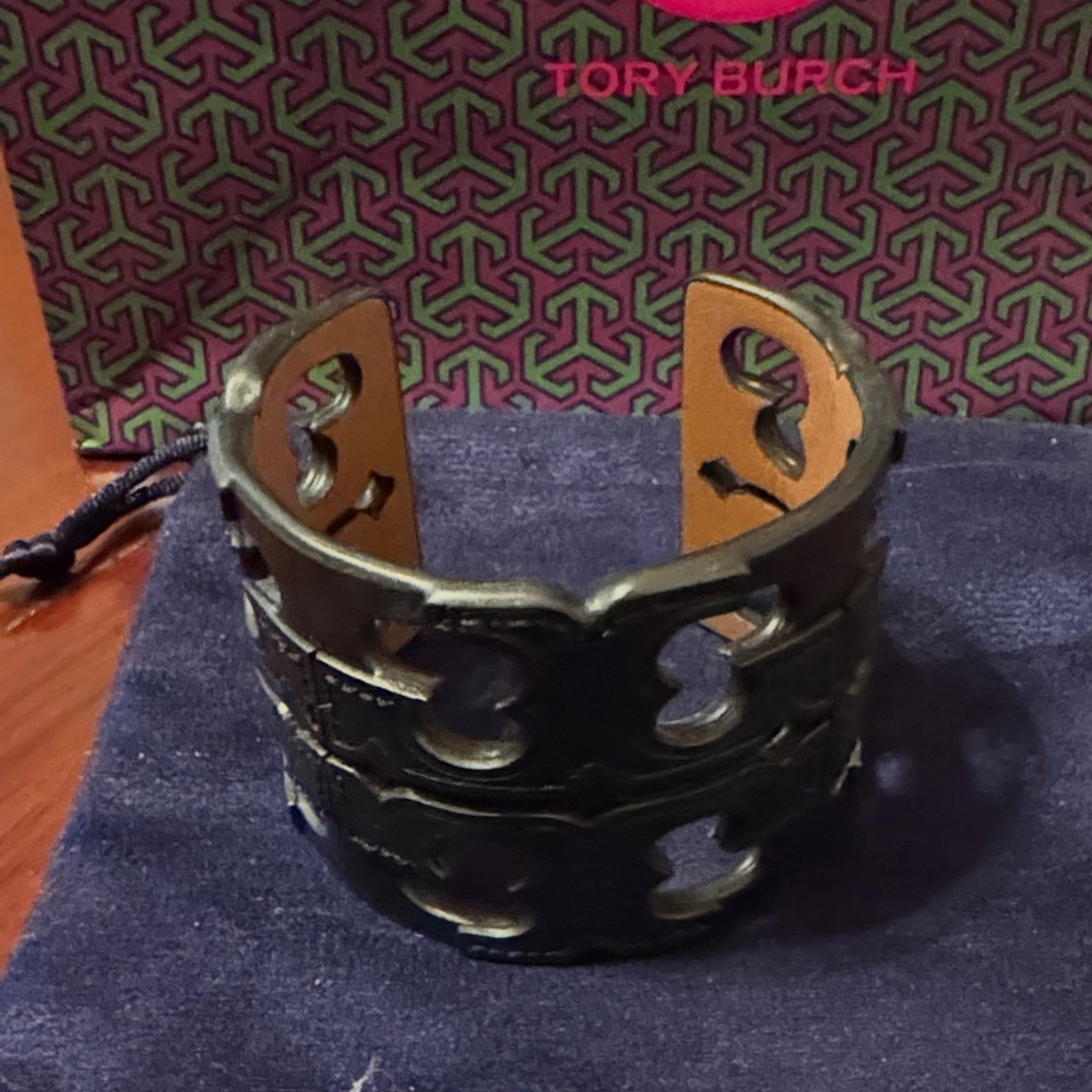 Tory Burch Black Cut-Out Leather Cuff - Picture 2 of 4